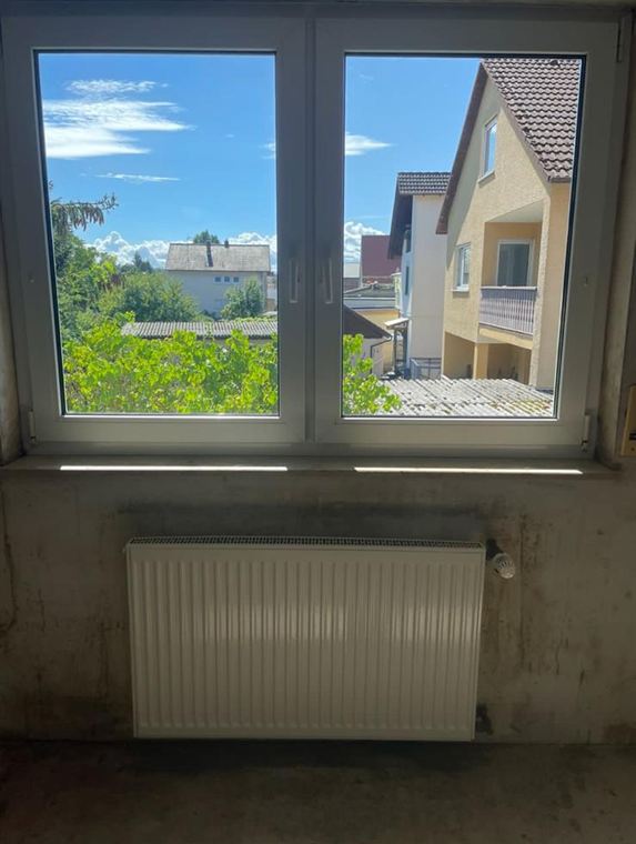 Gereinigtes Doppelfenster mit klarem Blick nach draußen, darunter ein sauberer weißer Heizkörper