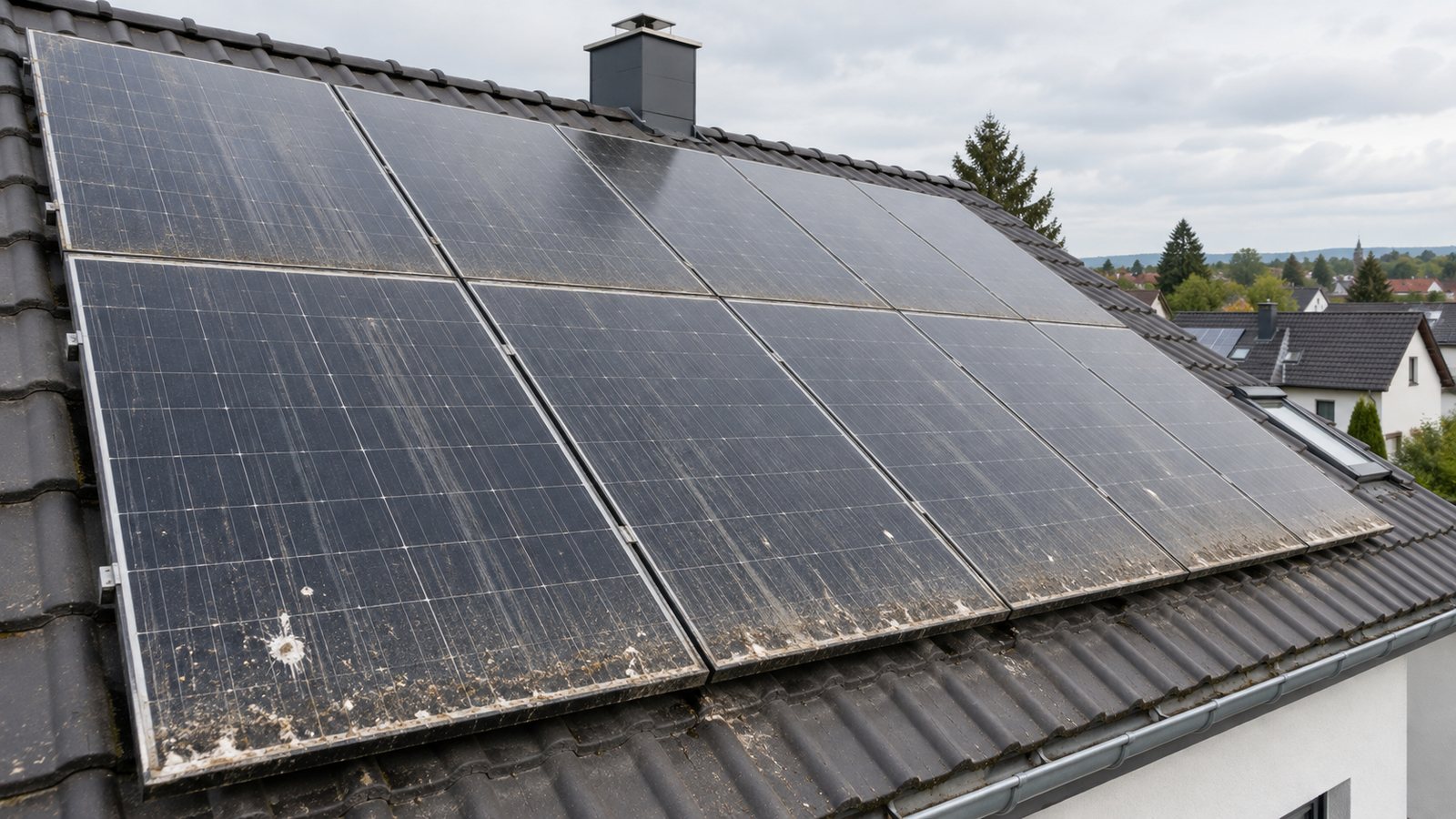 Photovoltaik-Module auf einem Ziegeldach vor der Reinigung: matte Oberfläche mit Schmutzrändern und Vogelkot
